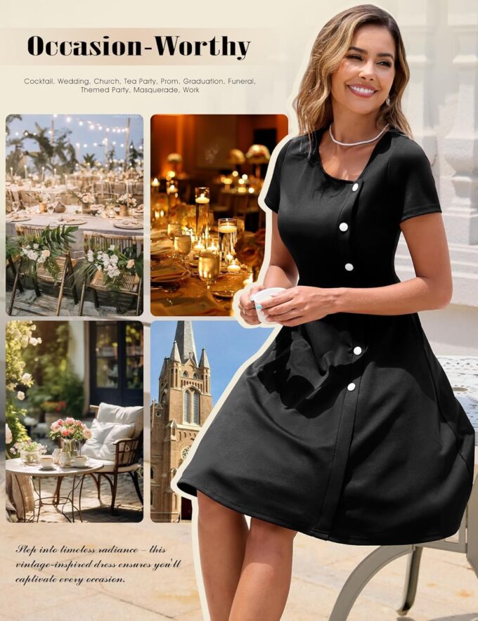 Aupuls Vintage Cocktail Dress with Pockets 1950s Dresses for Women Elegant for Church Tea Party – Bild 4