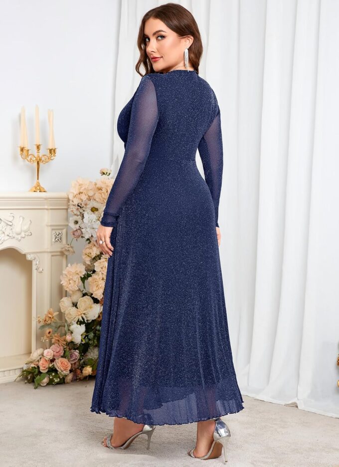 ZOMVA Plus Size Sparkly Maxi Dress V-Neck Wrap Long Sleeve A-Line Glitter Mesh Gown Wedding Guest Cocktail Evening Party – Bild 3