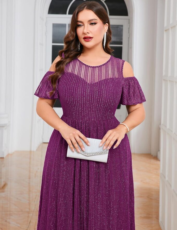 ZOMVA Plus Size Sparkly Mesh Maxi Dress Cold Shoulder Ruffle Sleeve High Low A Line Gown Wedding Guest Cocktail Party – Bild 2