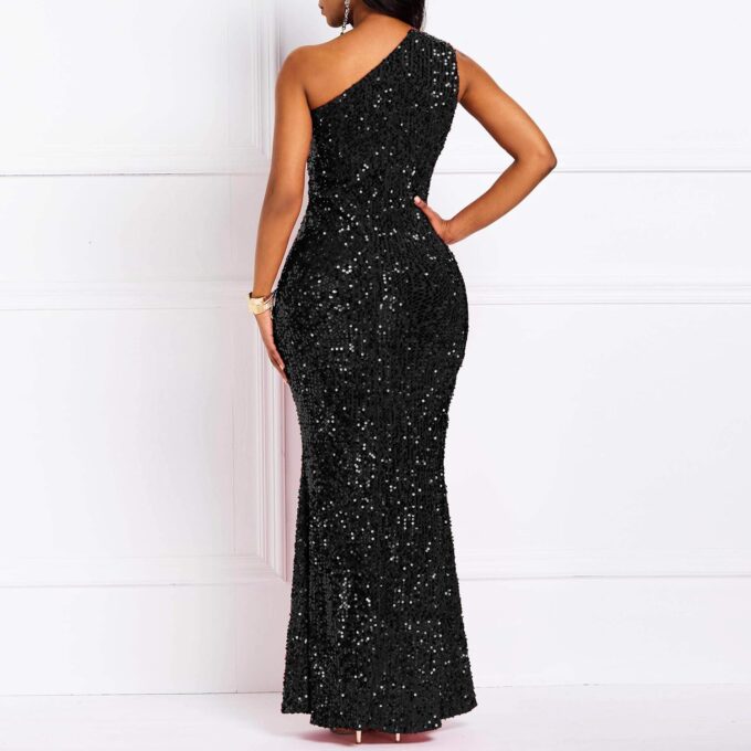 VERWIN Sequins Fashion Sleeveless Oblique Collar Mermaid Women's Maxi Dress Bodycon Dress Party Dress – Bild 4