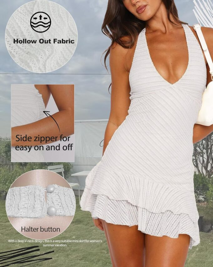 Summer Dresses for Women 2025 Sexy Halter V Neck Backless Hollow Out Ruffle Bodycon Cocktail Party Vacation Mini Dress – Bild 2