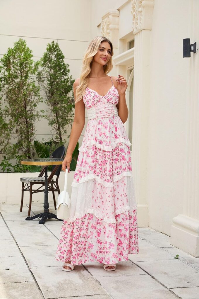 Women Floral Patchwork Maxi Dress V Neck Sleeveless Cross Back Spaghetti Strap Tiered Sundress Summer Long Dress – Bild 5