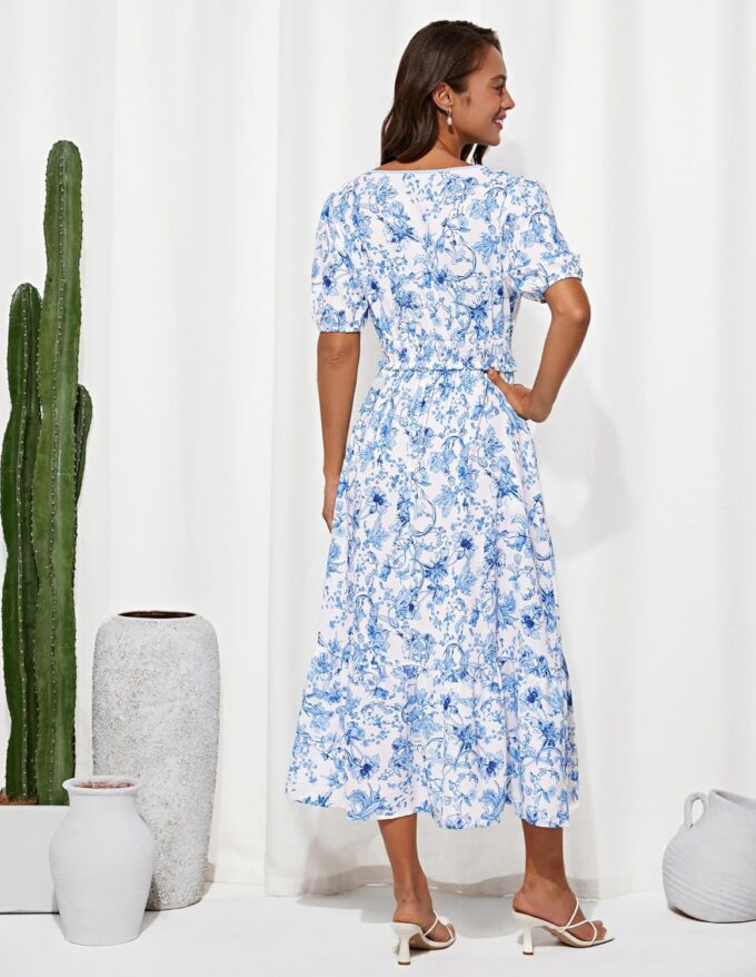GRACE KARIN 2025 Women's Summer Floral Flowy A Line Midi Dresses Elegant Short Sleeve Smocked V-Neck Tiered Dresses – Bild 3