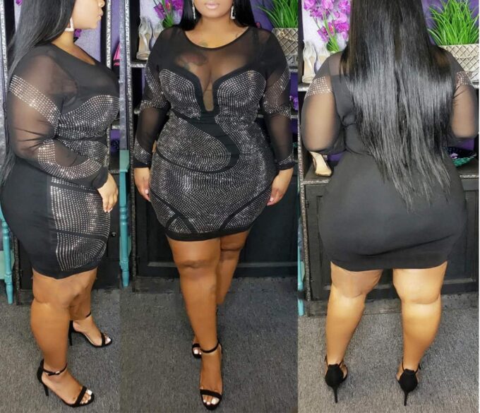 Womens Sexy Plus Size Long Sleeve Rhinestone Mesh See Through Bodycon Party Club Mini Dress Clubwear – Bild 2