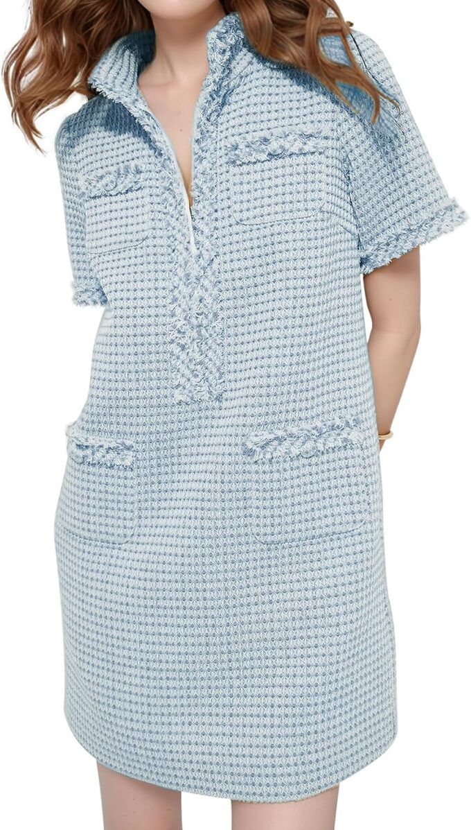 PEHMEA Women's Tweed Dress, Short Sleeve Straight Tube Mini Dress with Pockets for Business Party Work
