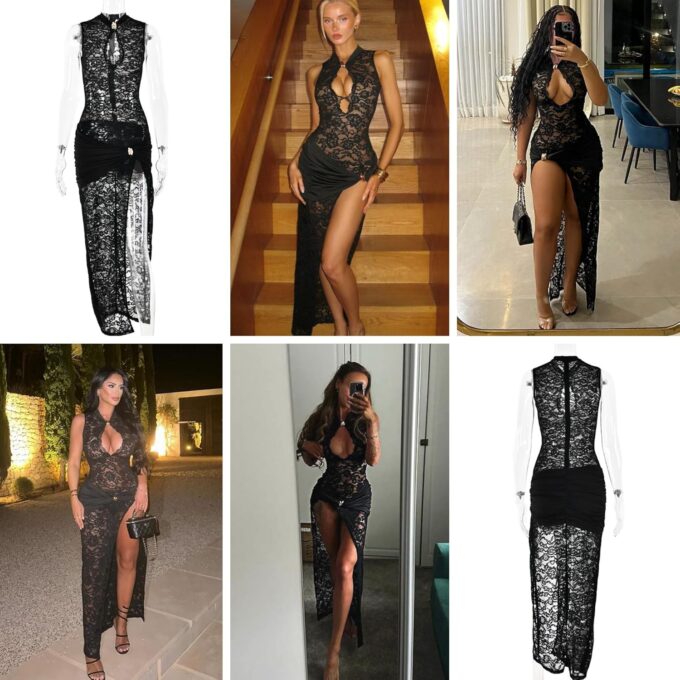 JUMISEE Women’s Sexy High Slit See Through Lace Maxi Dress Sleeveless Hollow Out Bodycon Cocktail Dress Evening Gown – Bild 6