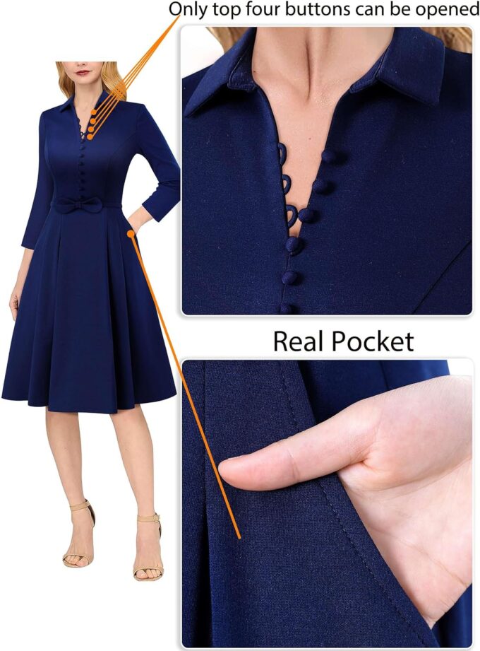VFSHOW Damen 2024 Business Arbeit Büro Kragen V-Ausschnitt Schleife Gürtel Taschen Knöpfe Slim Vintage Fit und Flare A-Linie Kleid – Bild 6