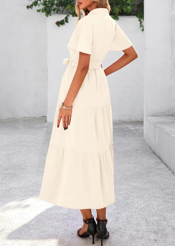 KIRUNDO Summer Button Down Wedding Guest Shirt Dresses for Women Maxi Flutter Short Sleeve Flowy Tiered Beach Sun Dress – Bild 2