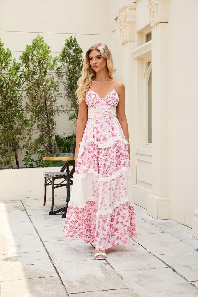 Women Floral Patchwork Maxi Dress V Neck Sleeveless Cross Back Spaghetti Strap Tiered Sundress Summer Long Dress – Bild 2