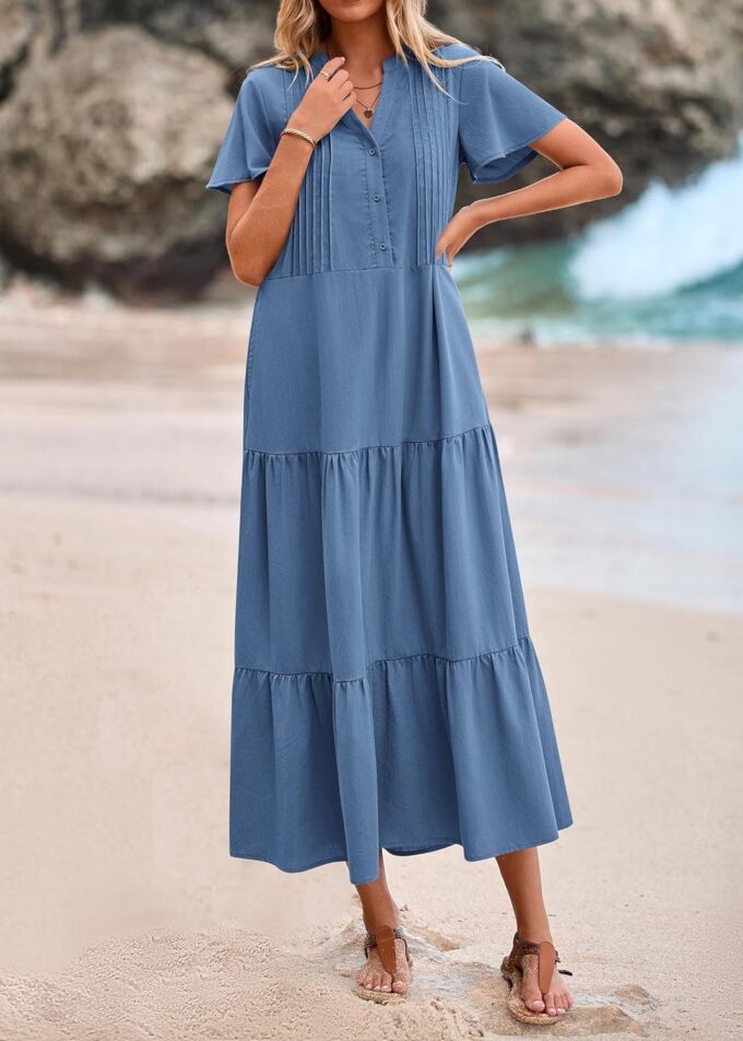 KIRUNDO Summer Maxi Dresses for Women 2025 Spring Fashion Short Sleeve Button V Neck Pleated Loose Tiered Swing Flowy Dress – Bild 4