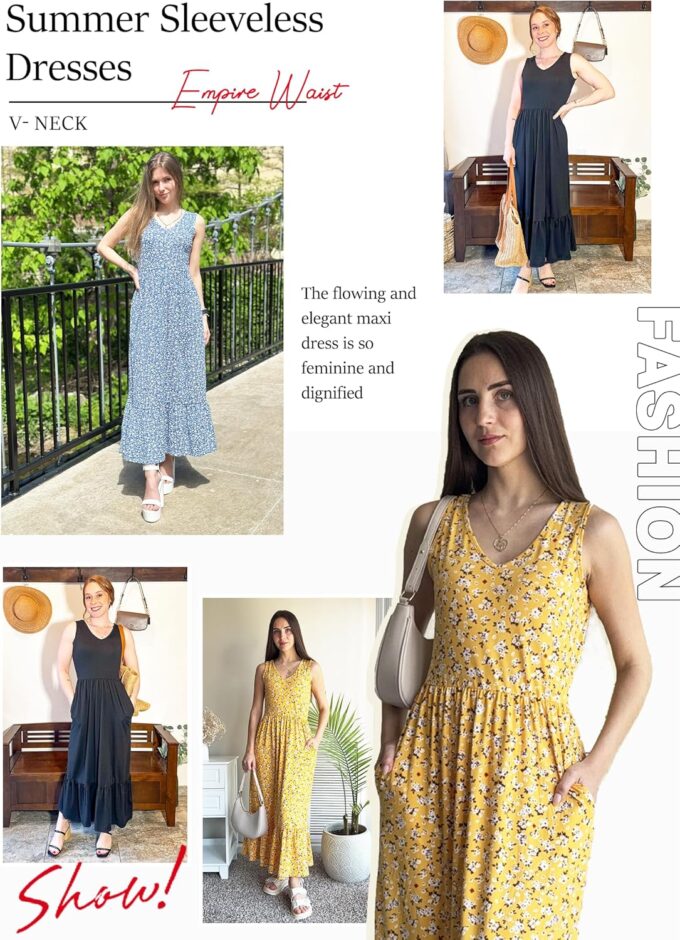 AUSELILY Womens Maxi Dress 2025 Sleeveless Summer Dresses V Neck Casual Tiered Sundresses with Pockets – Bild 2