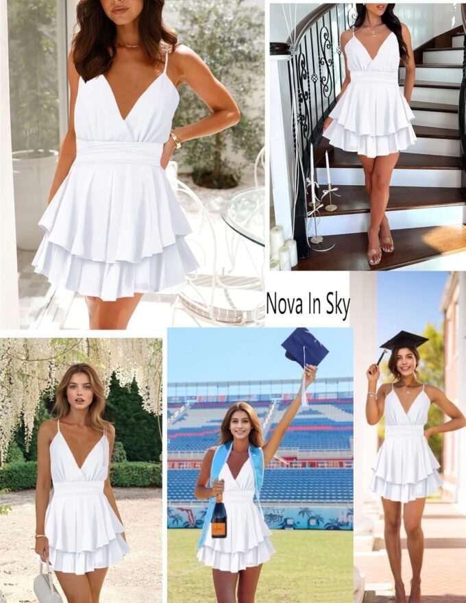 Nova In Sky Womens Summer Dresses 2025 Flowy Boho V-Neck Beach Sundresses Spaghetti Strap Tiered Mini Swing Skater Dress – Bild 6