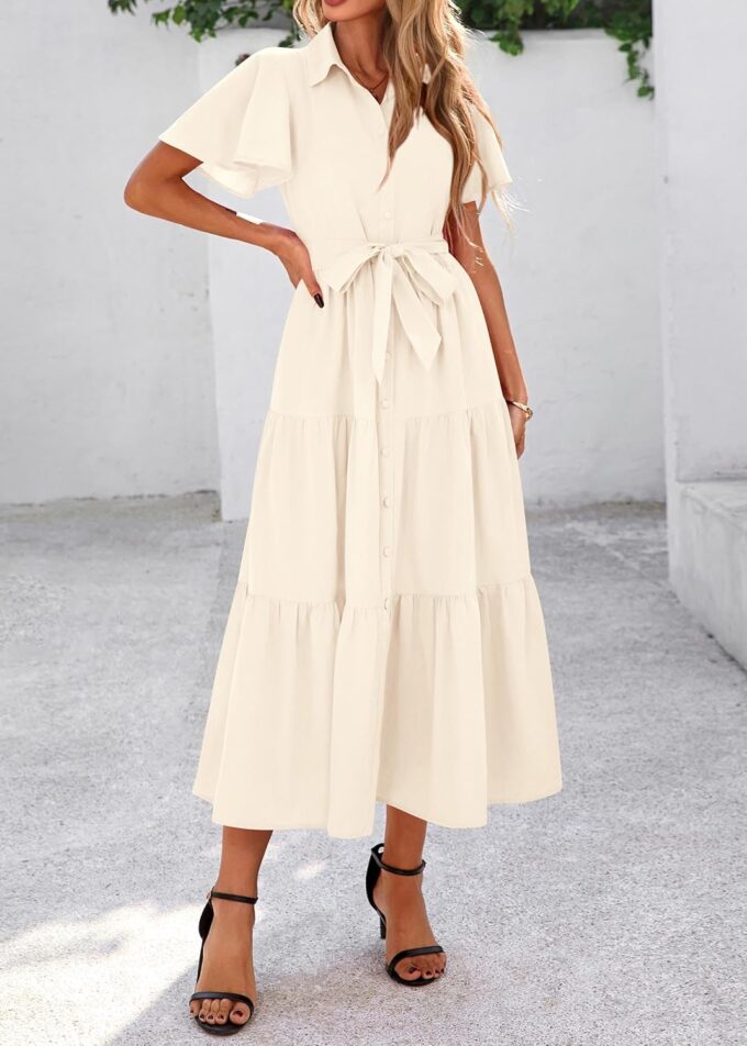 KIRUNDO Summer Button Down Wedding Guest Shirt Dresses for Women Maxi Flutter Short Sleeve Flowy Tiered Beach Sun Dress – Bild 8