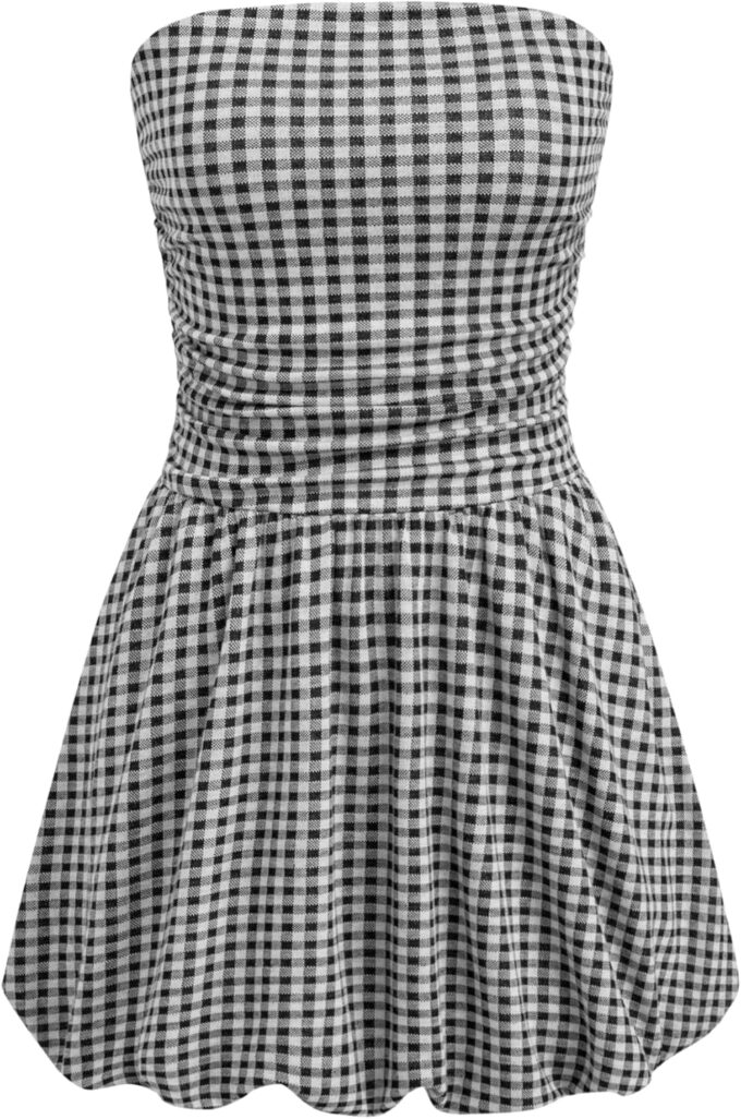 CIDER Women's Cocktail Dress Gingham Bubble Tube Dress Strapless Ruched Sleeveless Dresses for Summer Trendy