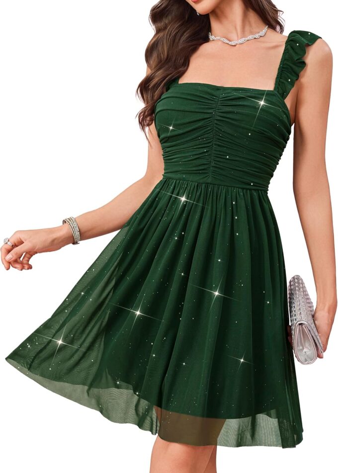 Wedtrend Sparkly Dresses for Women Mesh Mini Dress Sleeveless Ruched Cocktail Dress 80s Prom Homecoming Dresses