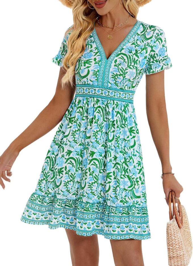 OURIN Womens Summer Dresses 2025 V Neck Short Sleeve Ruffle Floral Casual Boho Beach A Line Midi Sundress – Bild 2