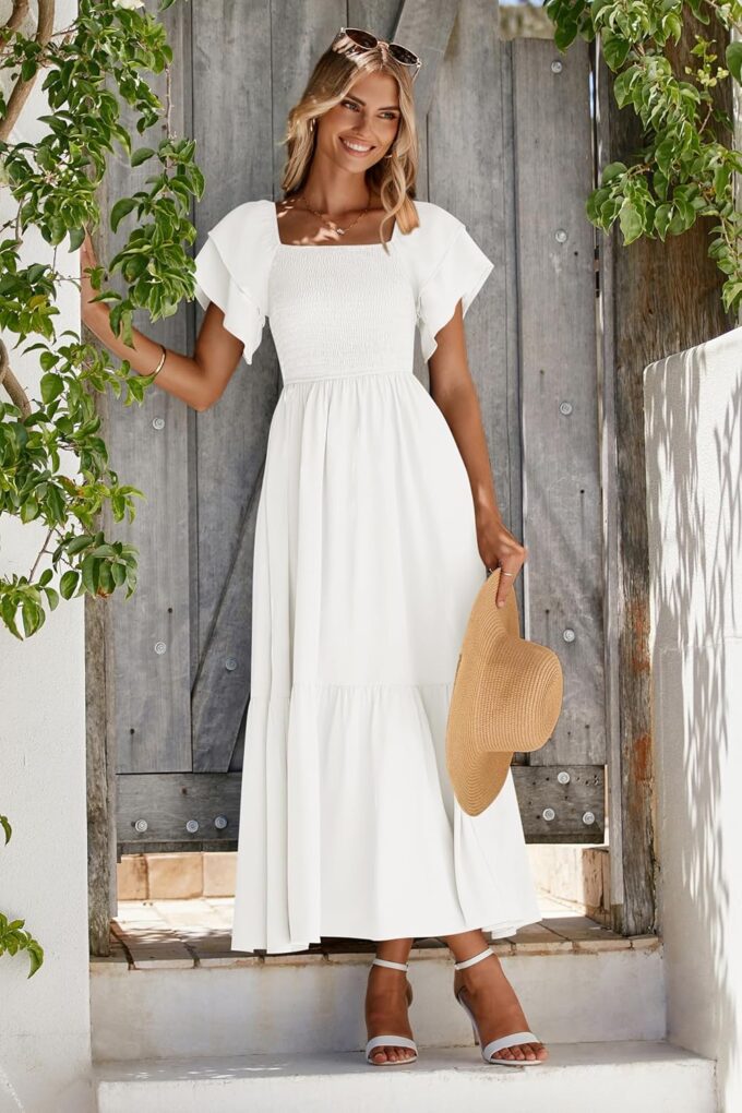 MASCOMODA Womens Summer Casual Midi Dress Square Neck Ruffle Short Sleeve Smocked High Waist A Line Wedding Guest Dresses – Bild 3