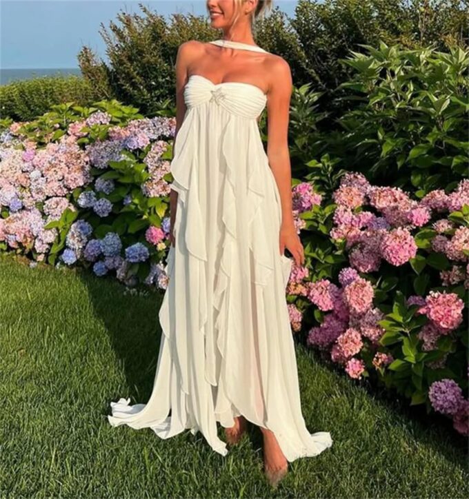 Women Sexy Halter Scarf Maxi Dress Y2k Backless Ruffle Hem Tube Long Summer Dress for Cocktail Party Beach – Bild 3