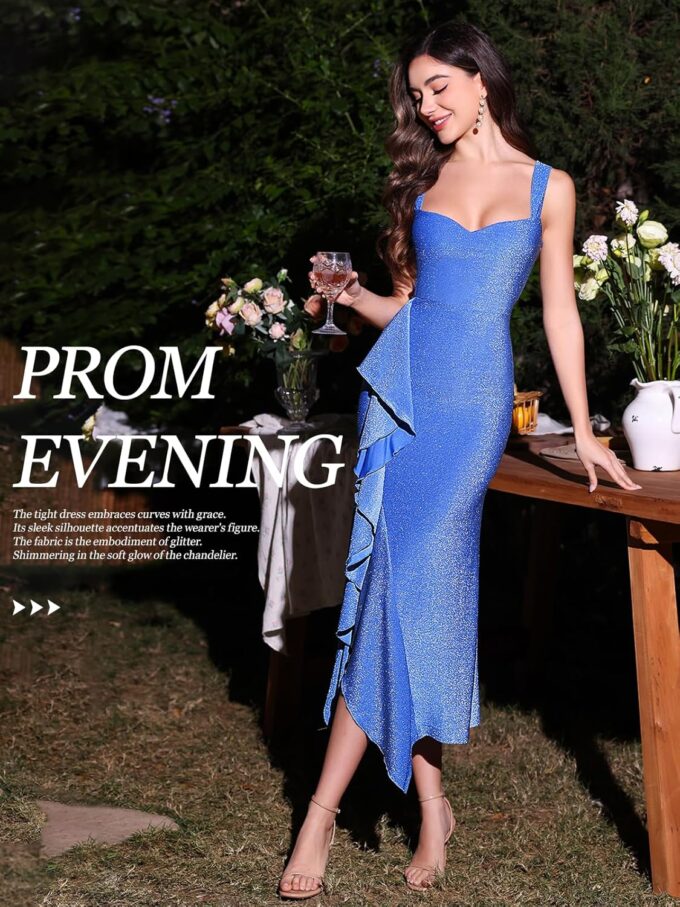 Women's Cocktail Formal Wedding Guest Dresses Party Prom Square Neck Bodycon Slit Sleeveless Ruffle Glitter Dress – Bild 5