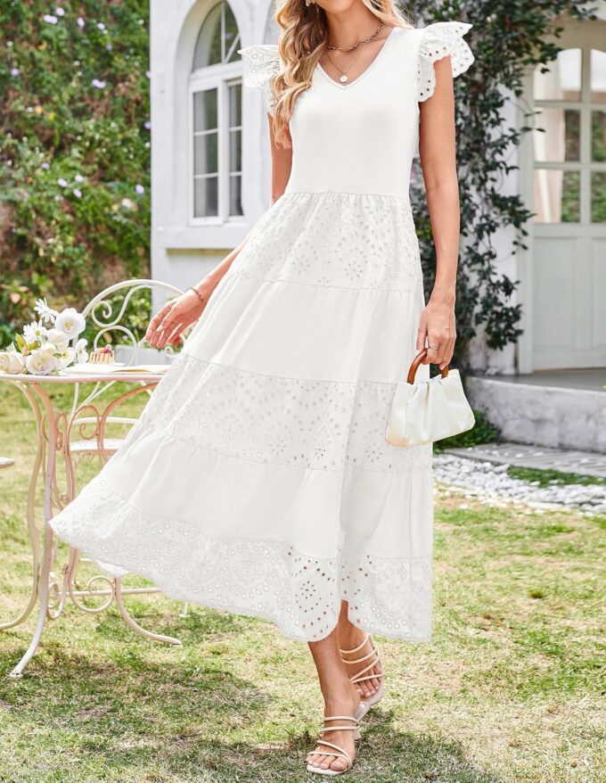 GRACE KARIN Women Summer Maxi Dresses Casual V Neck Ruffle Sleeve Lace Eyelet Tiered A Line Flowy Sundress with Pockets – Bild 4