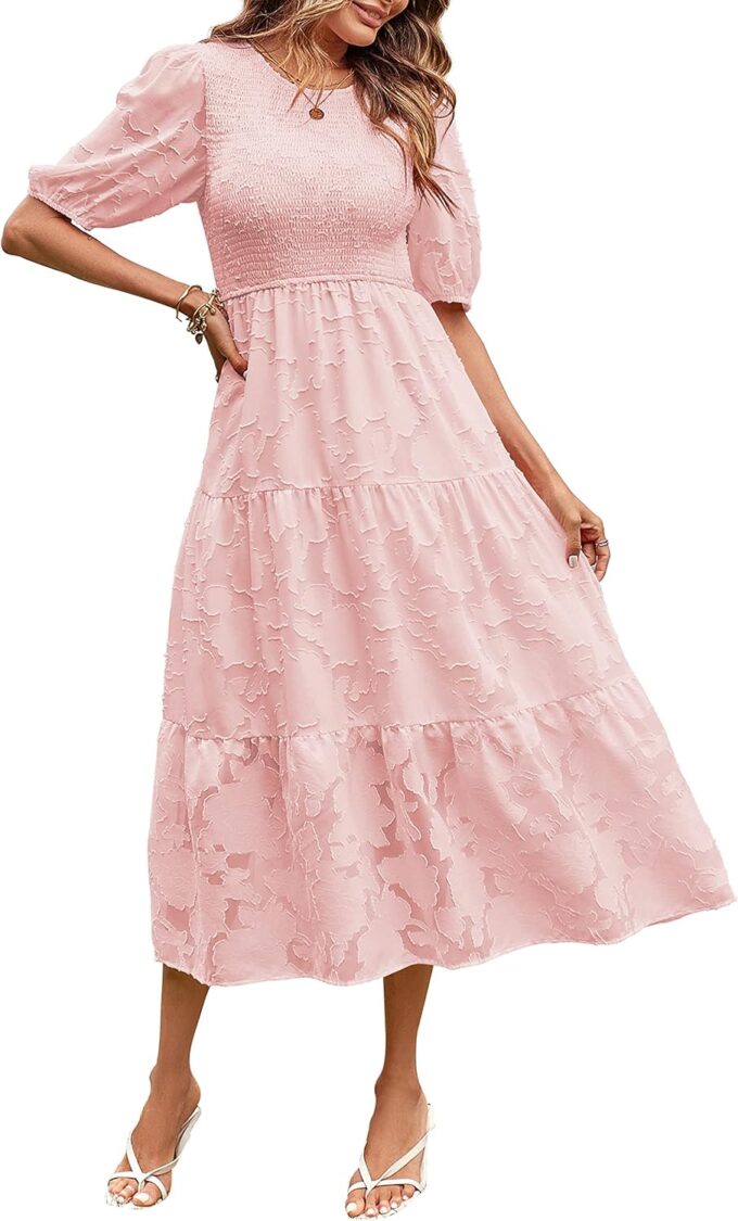 MEROKEETY Women's 2025 Summer Puff Sleeve Smocked Floral Dress Crewneck Lace Flowy Tiered Midi Dresses