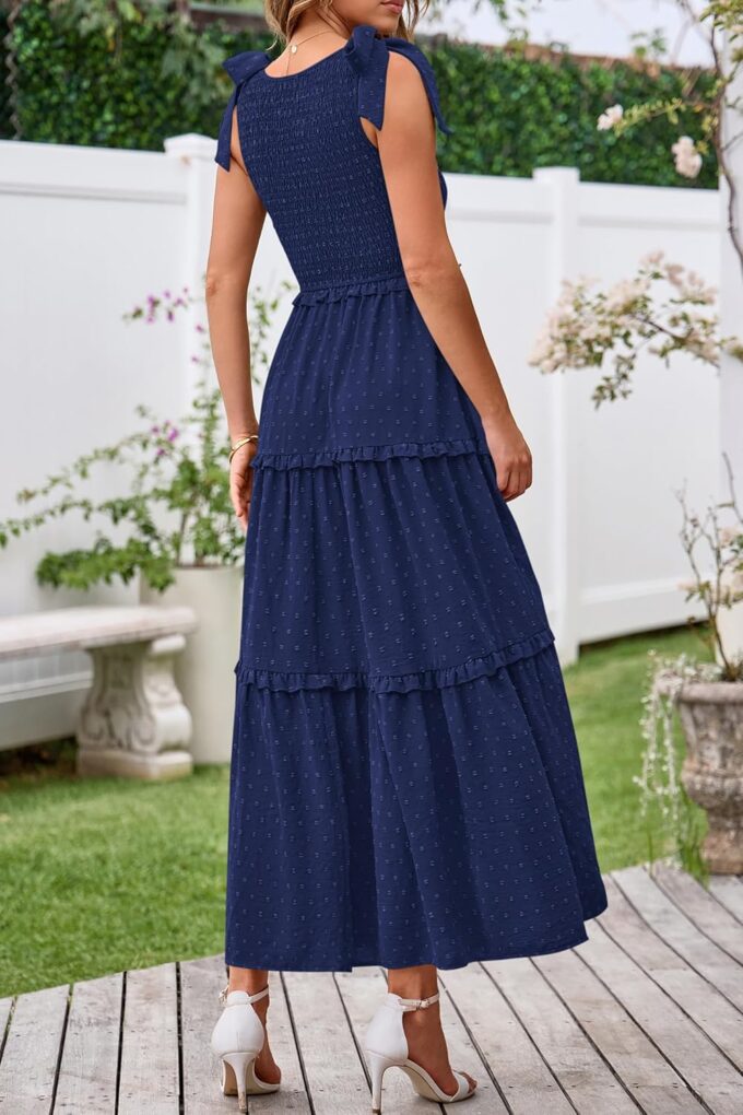 Okiwam Womens Summer Dresses 2025 Sleeveless Tie Strap Maxi Long Flowy Beach Sundresses Boho Swiss Dot Wedding Dress – Bild 3