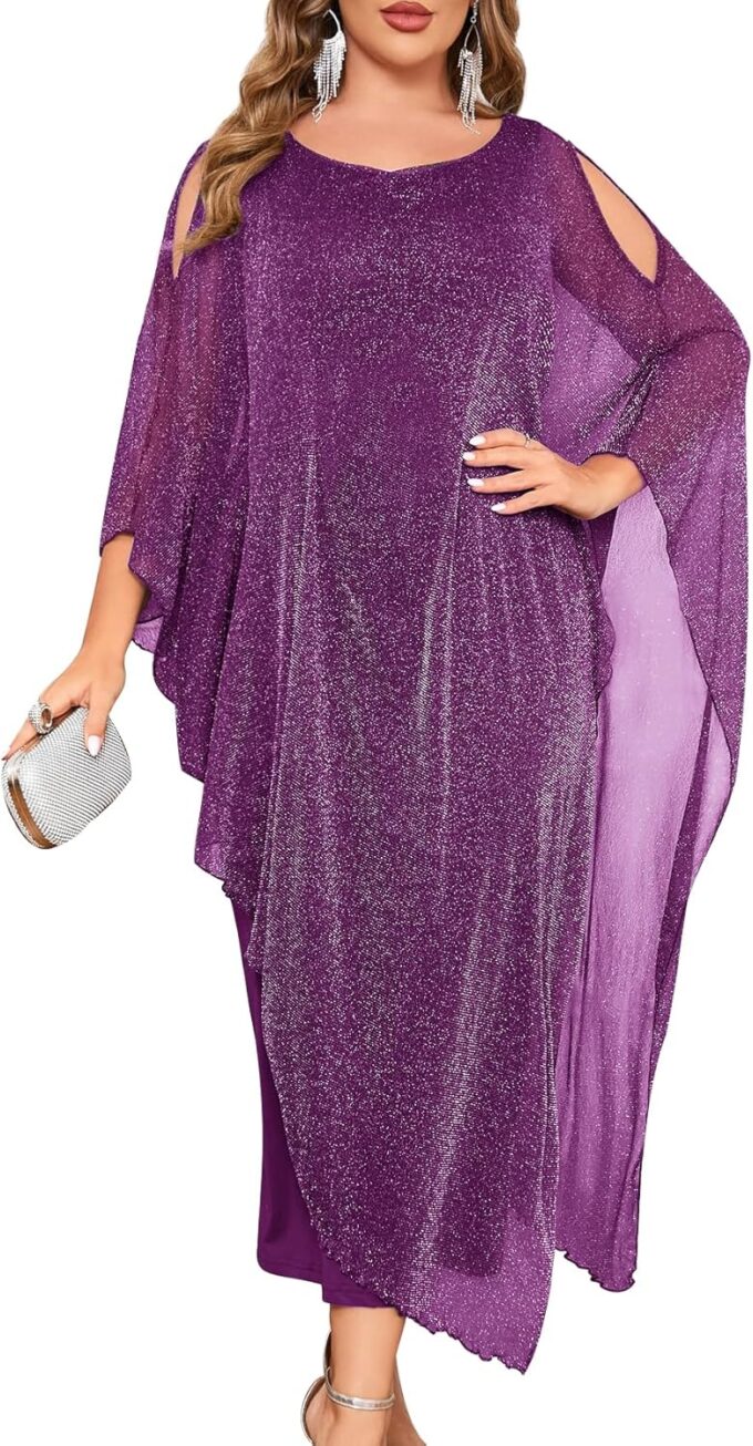 ZOMVA Plus Size Elegant Formal Dress Long Cape Overlay Wedding Guest Formal Cocktail Mother of Bride Outfit