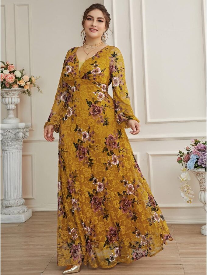 TOLEEN Women's Plus Size Dress V Neck Rose Embroidery Mesh Elegant Formal Maxi Dresses – Bild 3