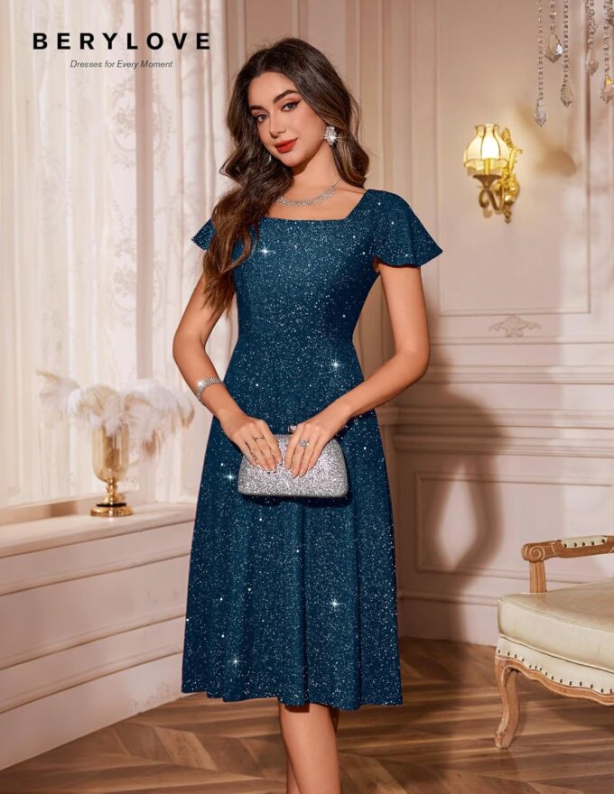 BeryLove Prom Dress for Teens: Sequin Formal Party Dress with Flutter Short Sleeves for Wedding & Cocktail Evening Events – Bild 6