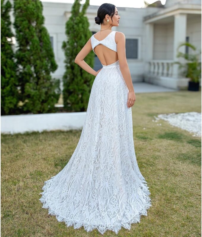 WIOJEIGO Women's Lace Boho Wedding Dress for Bride with Double Shoulders 2025 Bohemian Long A-Line Beach Bridal Gowns – Bild 5