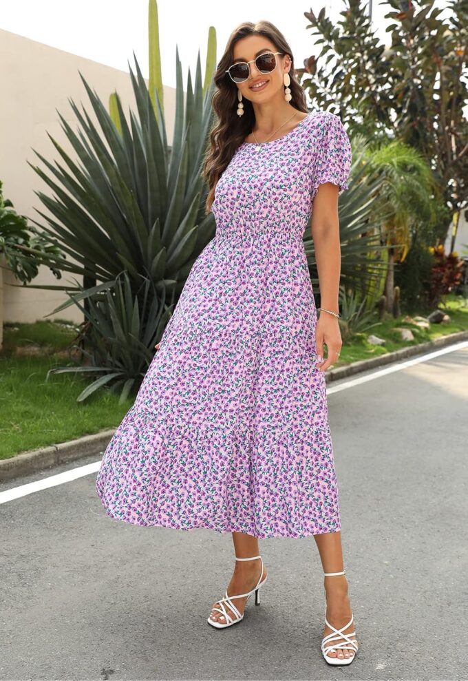 NAVINS Women Floral Print Puff Sleeve Tiered A-Line Swing Midi Dress with Pockets NA1002 – Bild 4