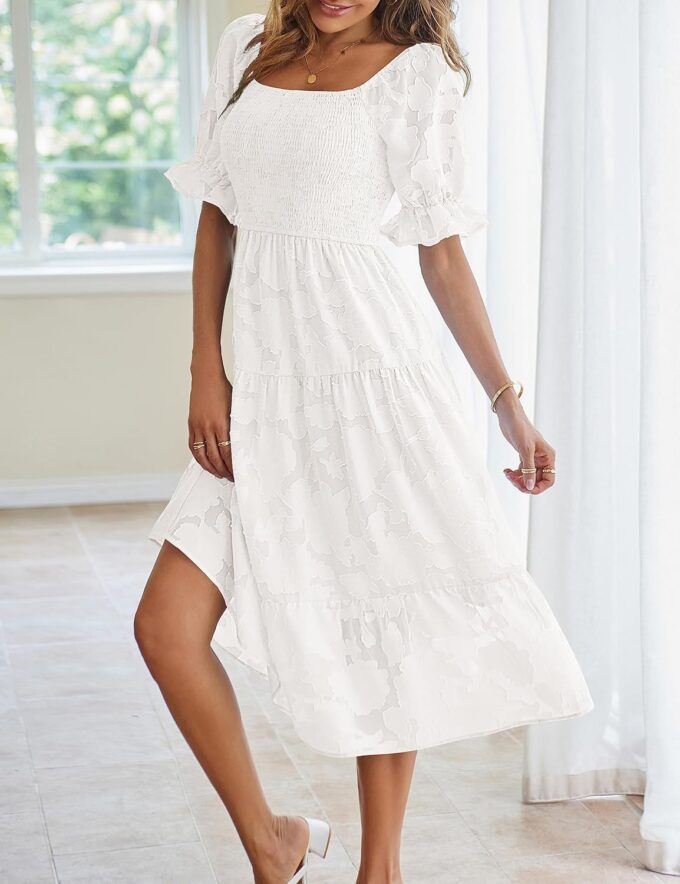 MEROKEETY Womens 2025 Summer Short Puff Sleeve Smocked Square Neck Floral Textured Tiered Midi Dress – Bild 5