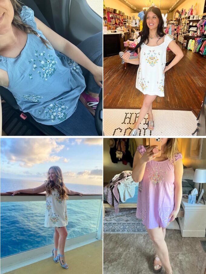 Linen Mini Cute Dress Womens Floral Embroidered Dress with Crew Neck and Sleeveless Casual Guest Vintage Dresses – Bild 6