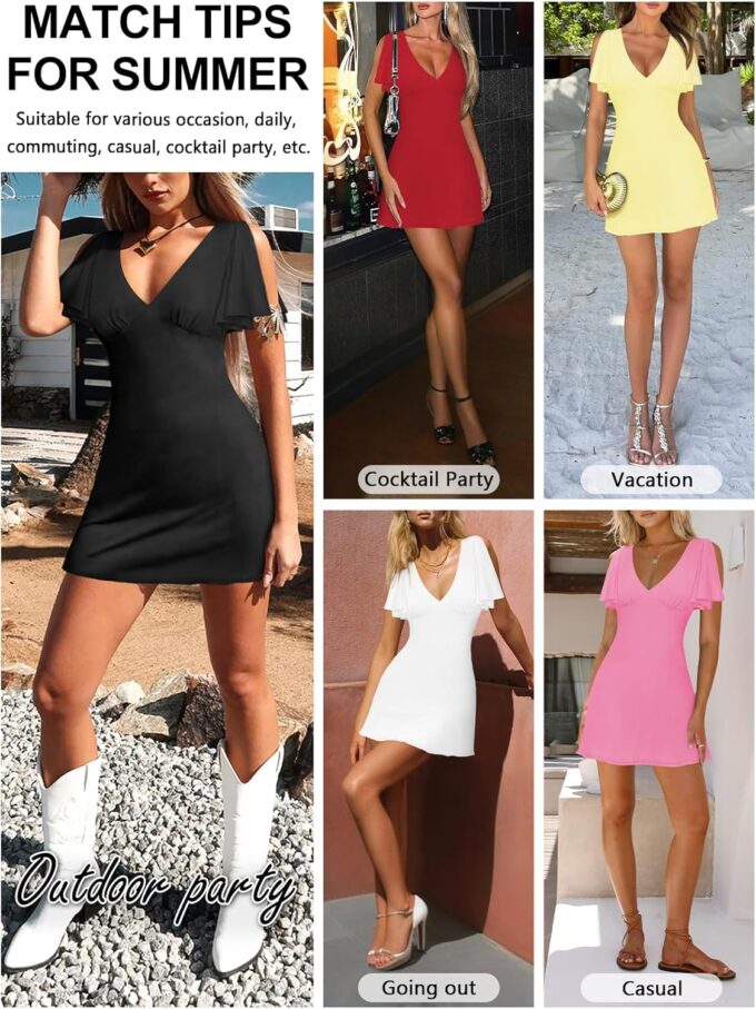 Women's Sexy Deep V-Neck Ruffle Sleeve Mini Dresses Summer Casual Bodycon Beach Cocktail Party Club Short Dress – Bild 6