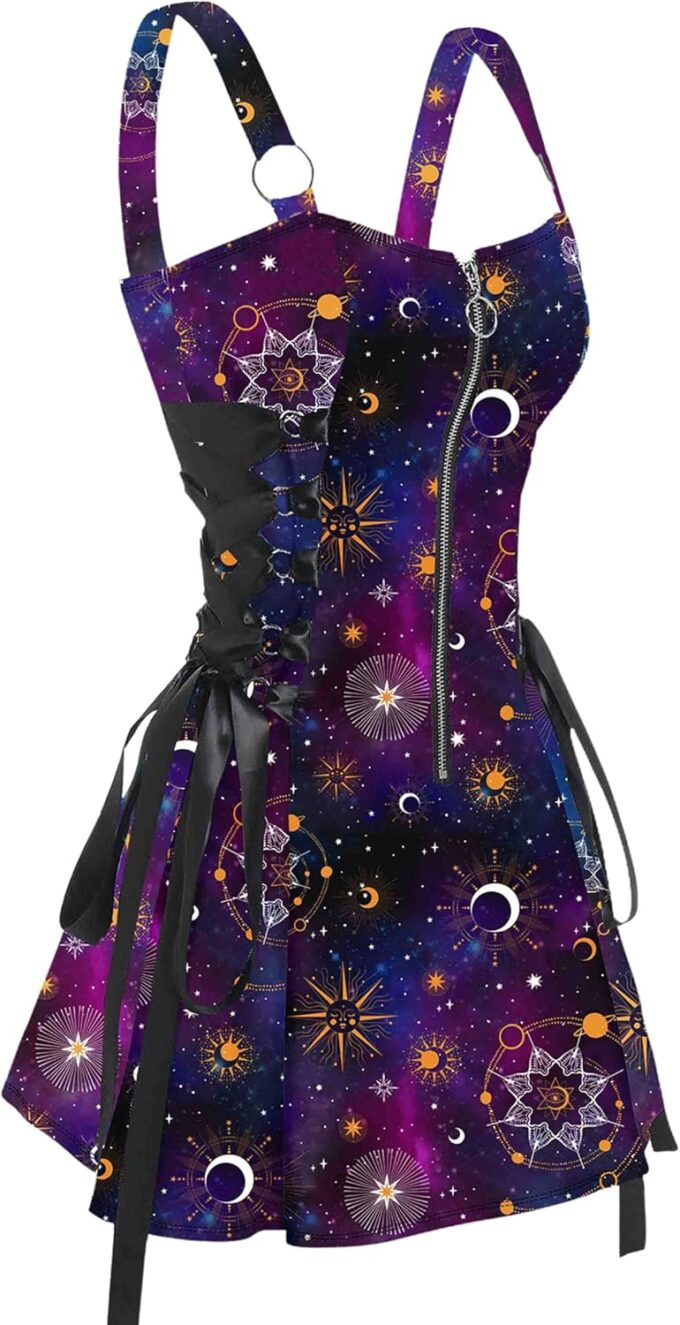 FEAPHY Women's Gothic Dress Galaxy Sun Star Sleeveless Zip Front Lace Up A-Line Mini Dress