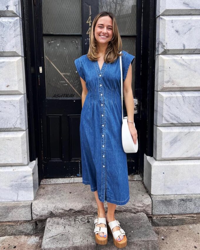 Women's Summer Denim Shirt Dress Lapel V Neck Cap Sleeve Jean Dress Button Down A-Line Long Dresses – Bild 4
