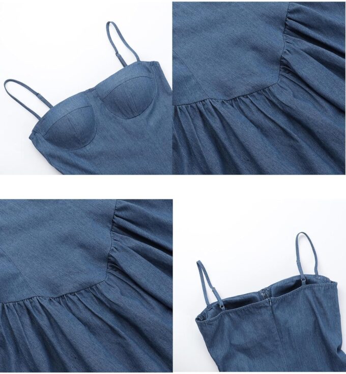 Sexyshine Women's Spaghetti Strap Tube Top Flared Denim Mini Dress A-Line Backless Ruffle Hem Pleated Skater Jeans Dresses – Bild 5