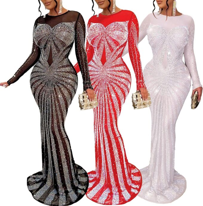PORRCEY Women's Sexy Hot Drilling Craft Rhinestone Dress Bodycon Party Club Night Out Dresses Clubwear – Bild 4