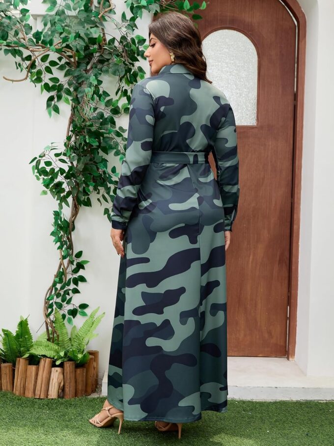 Plus Size Camo Maxi Dress for Women Stretchy V Neck Button Belt A-Line African Outfits with Pockets S-5XL – Bild 4