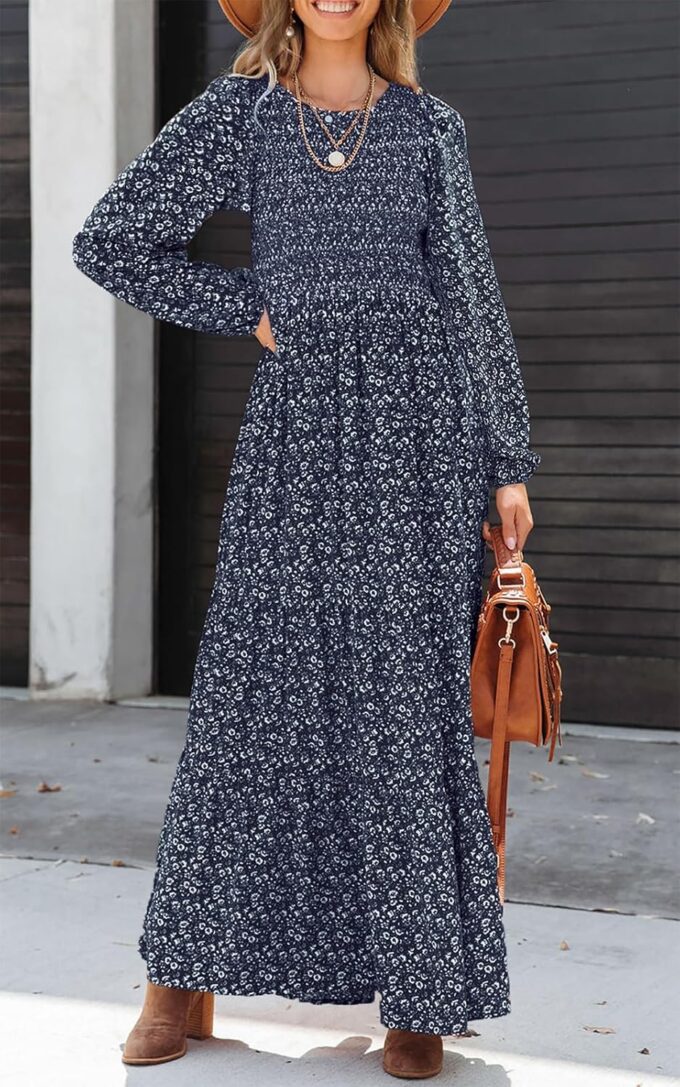 PRETTYGARDEN Women's Spring Dresses 2025 Long Sleeve Flowy Casual Floral Maxi Dress Crew Neck Smocked Tiered Long Dress – Bild 3
