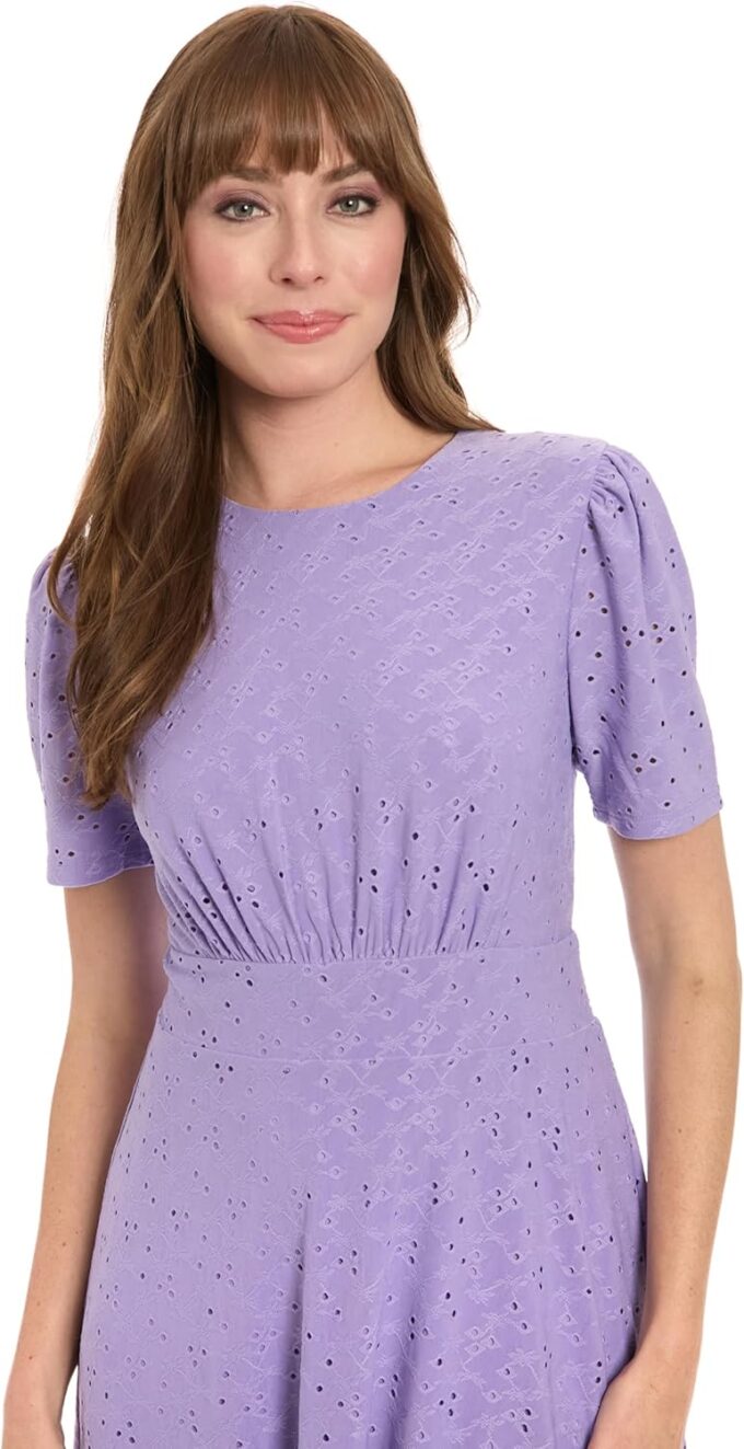 London Times Women's Eyelet Midi A-line Puff Sleeves-Gathered Waist Empire Cut-Wedding Guest Dress – Bild 4