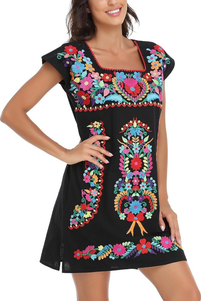 YZXDORWJ Women Mexican Embroidered Dress Ruffle Collar Sleeveless – Bild 8