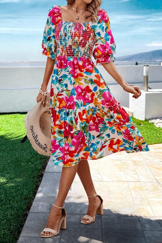 PRETTYGARDEN Women's Summer Casual Dresses 2025 Spring Puff Sleeve Square Neck A-line Flowy Boho Floral Smocked Midi Dress – Bild 5