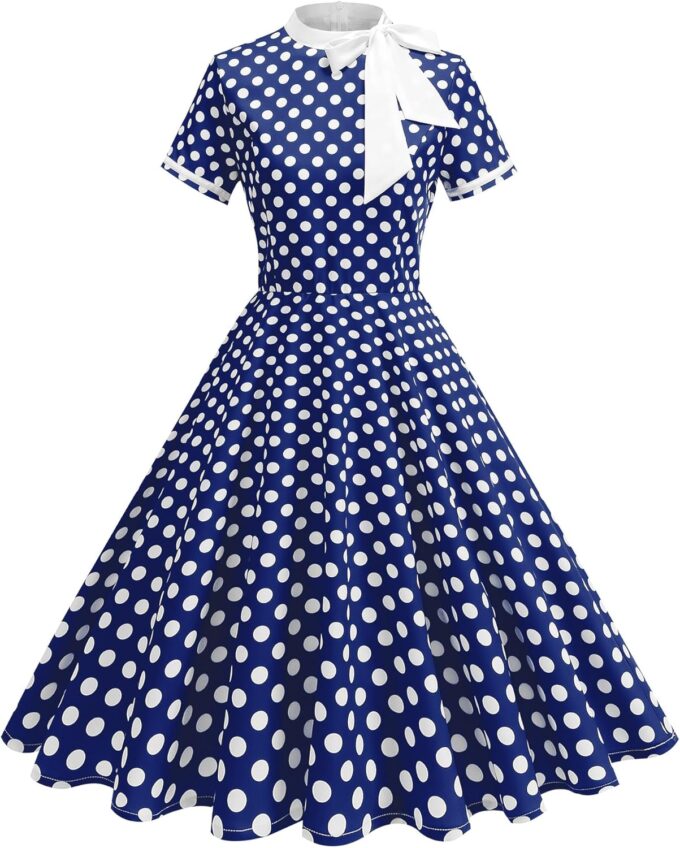 50s Style Dresses for Women Vintage Polka Dot Short Sleeve Tie Neck Swing Dress Midi Prom Retro 1950s Dress