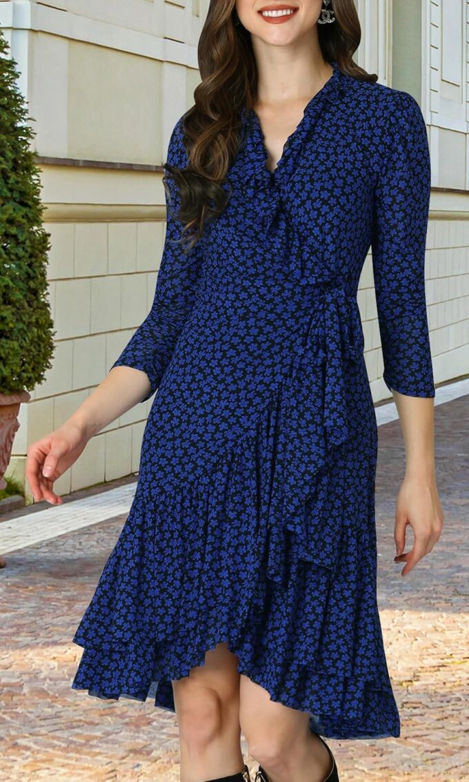 KOH KOH Damen-Midikleid mit langen Ärmeln, Rüschen, fließend, für Hochzeitsgäste – Bild 3