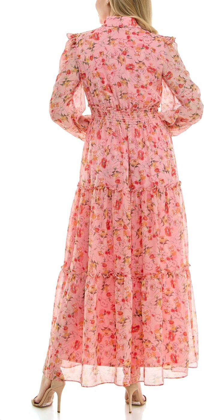 Women's Long Sleeve Floral Button-Front Smock Waist Maxi Dress – Bild 8