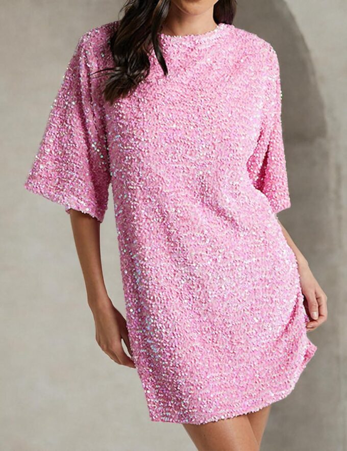 Women's Sparkly Sequin Shirt Mini Dress Party Club Dress Half Sleeve Crewneck Tie Backless Velvet Glitter Dresses – Bild 5