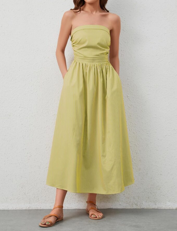 Women Striped Strapless Sleeveless Flowy Summer Casual Tube Maxi Long Dress with Pockets – Bild 2