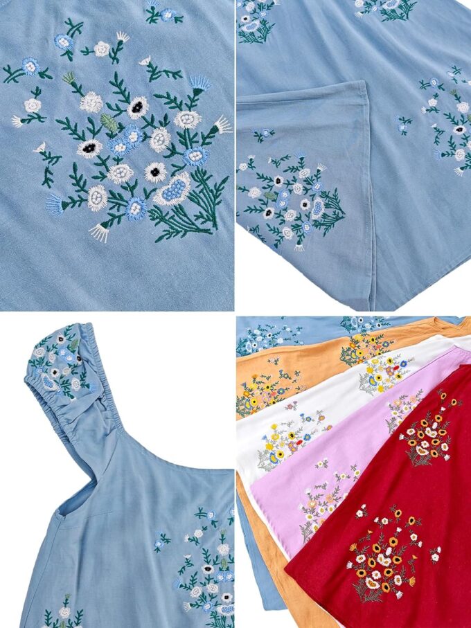Linen Mini Cute Dress Womens Floral Embroidered Dress with Crew Neck and Sleeveless Casual Guest Vintage Dresses – Bild 5