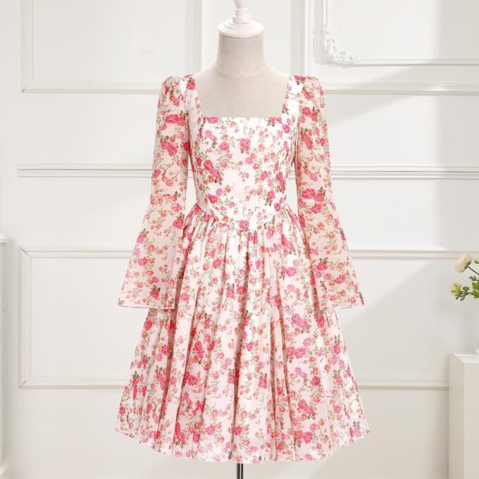 Fall Wedding Guest Dresses for Women Floral Chiffon Dresses Long Bell Sleeve Square Neck Short Ruffle Dress – Bild 7